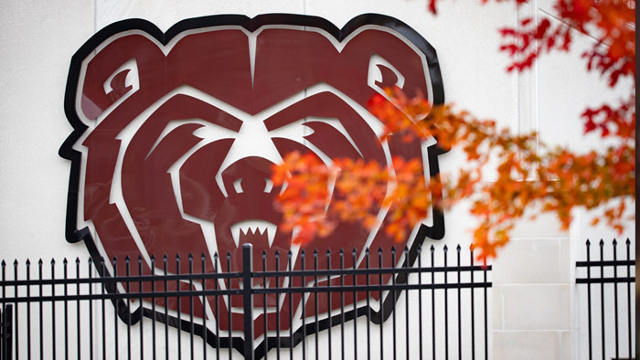 Bear head on Plaster Stadium with fall leaves