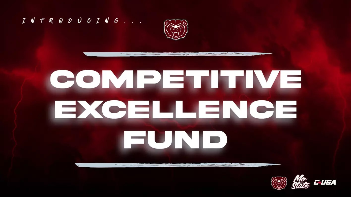Graphic of smoky maroon and black background with the bear head, mo state and cusa logos featuring the text "Competitive Excellence Fund"