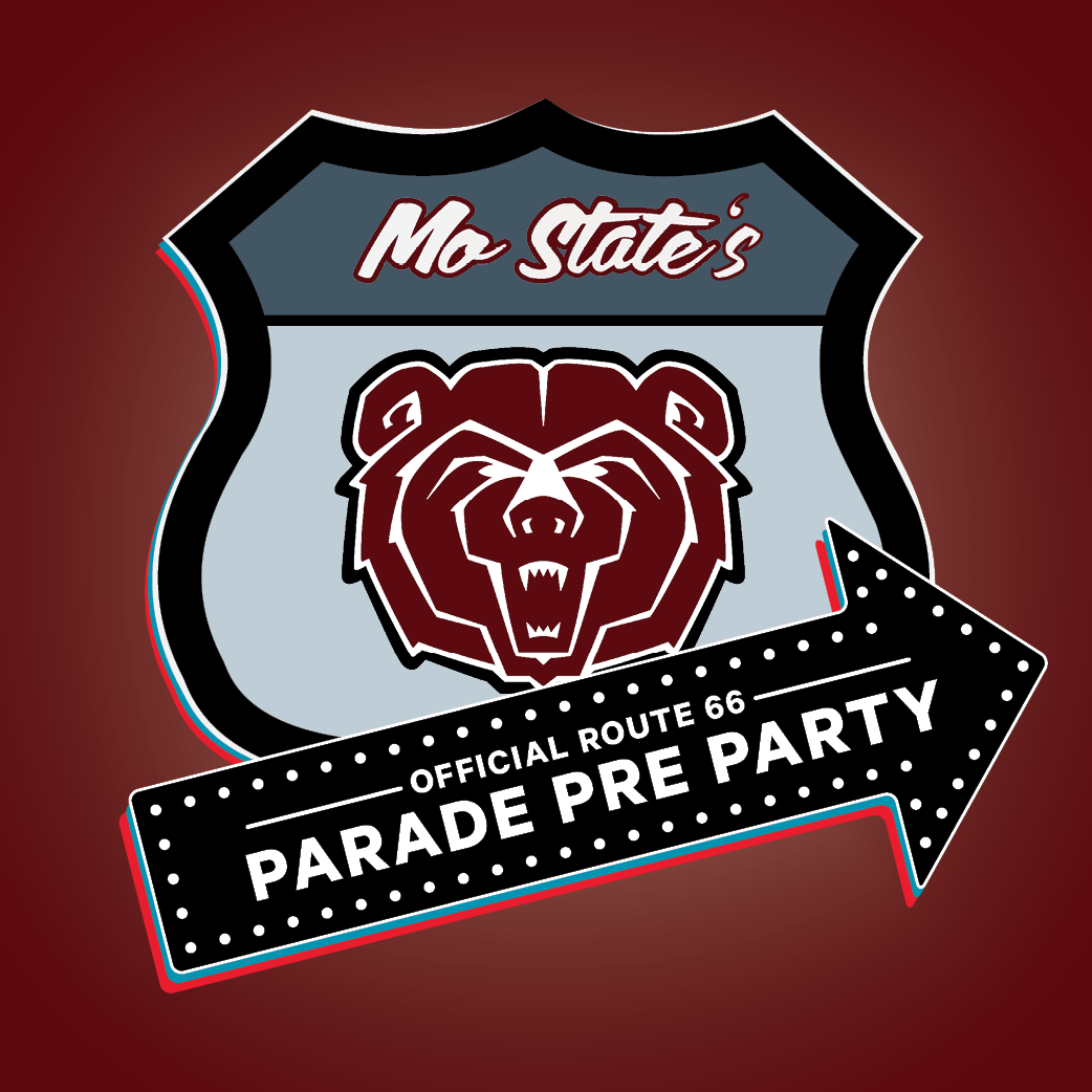 A reddish-brown toned collage centered around a dark grey Route 66-style shield logo, featuring a maroon bear mascot and text "Mo State's Official Route 66 Parade Pre Party." Surrounding scenes include a classic car parade, a girl in pink heart sunglasses eating pink cotton candy, a child getting their face painted like a tiger, a smiling woman holding a penguin balloon animal, small American flags, a "ROUTE 66" road marking, and two hot dogs with toppings.