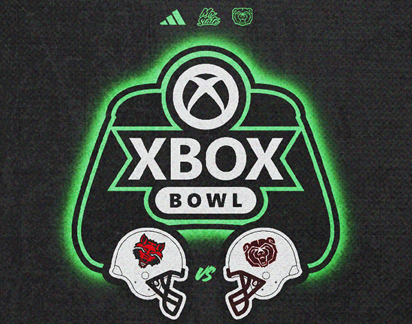 Graphic of two football helmets facing each other. One has the bear head logo, the other has the arkansas state mascot. Above that is the Xbox Bowl logo.